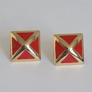 Vintage Retro Chunky Gold Tone Red Enamel Geometric Square Clip On Stud Earrings